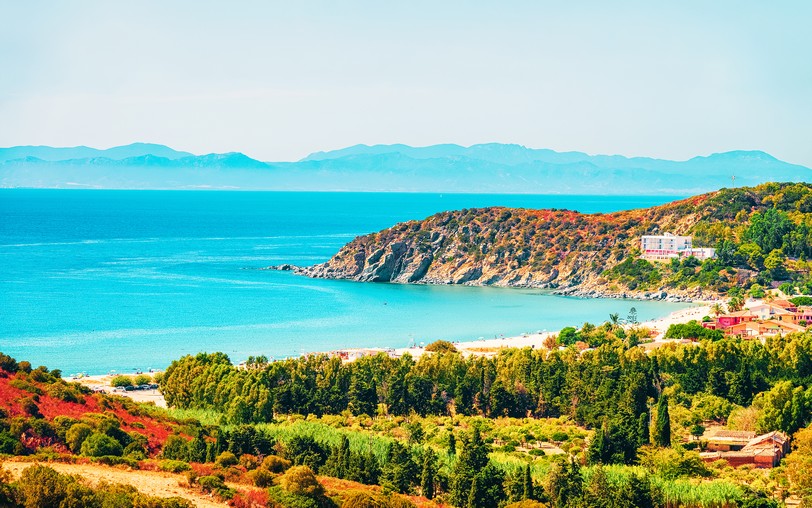 Villasimius Beach at the Bay of the Blue Waters of the Mediterranean Sea on Sardinia shutterstock_1116322289.JPG