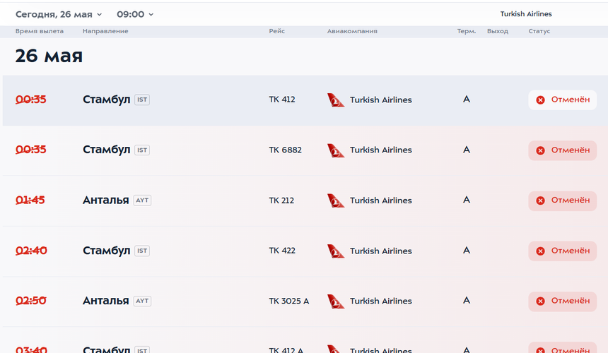 Туристам отложили вылеты в Турцию до вторника из-за отмены рейсов Turkish Airlines 