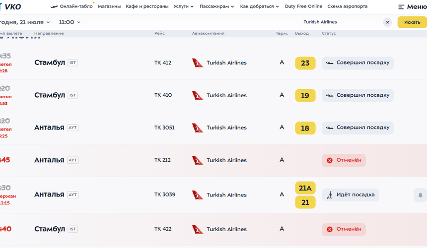 Ночной «ковер» во Внуково прибавил несколько отмен рейсов у Turkish Airlines