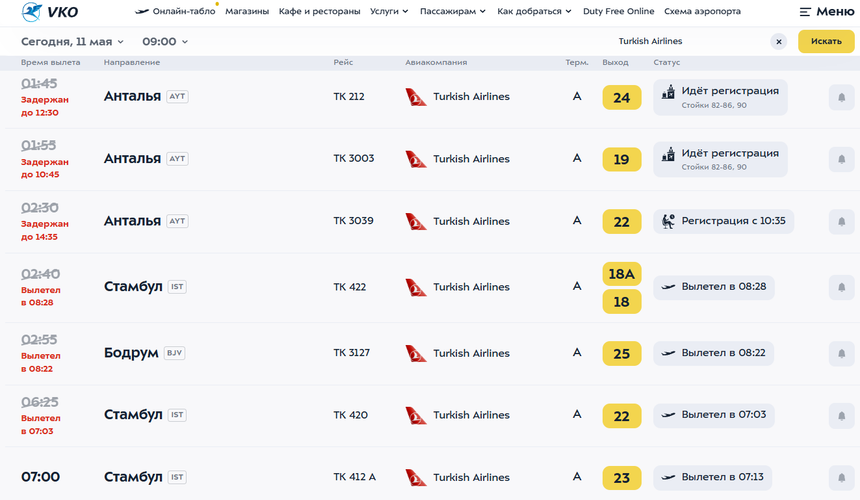 У Turkish Airlines сохраняются задержки до 12 часов на рейсах из Москвы