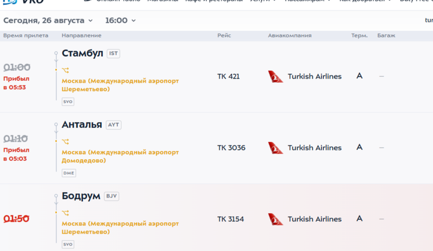 Turkish Airlines разрешили садиться в других аэропортах Москвы во время «ковра» во Внуково