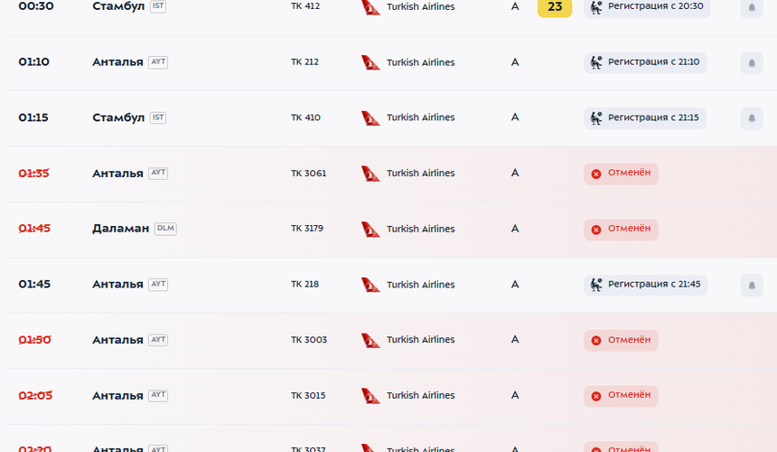 Turkish Airlines отменяет часть ночных рейсов из Москвы и Петербурга