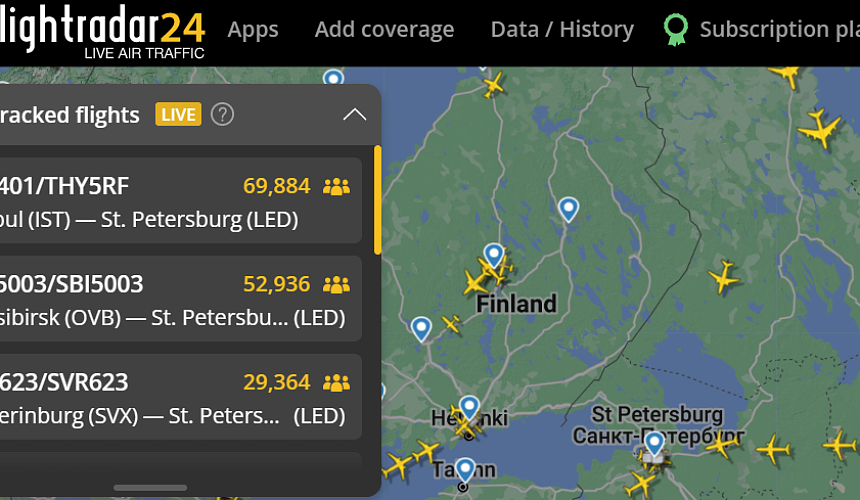Рейсы в Санкт-Петербург возглавили рейтинг самых отслеживаемых на Flightradar24